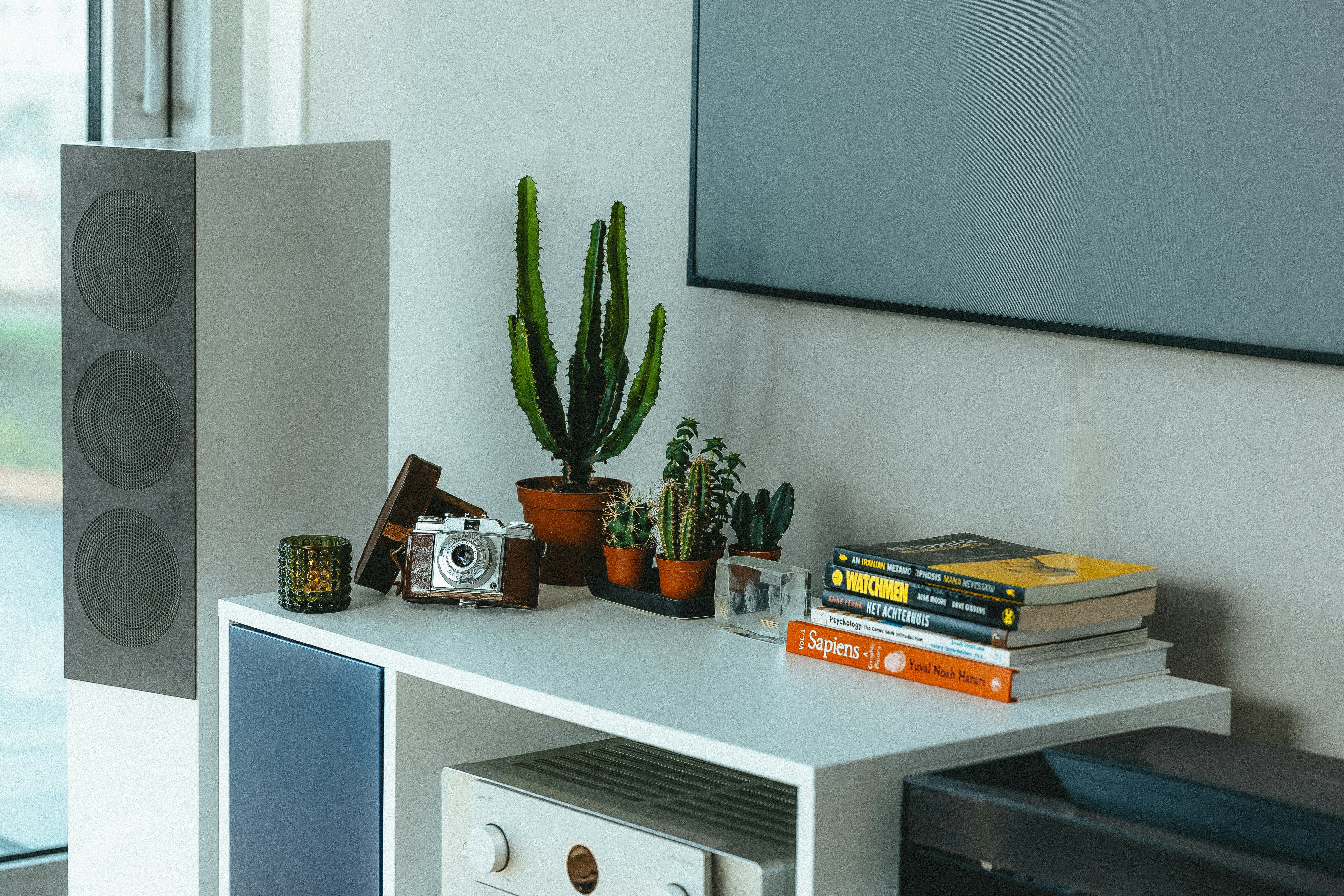 a white table with a bunch of books and plants on top of it